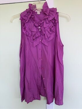 J Crew Sleeveless Ruffle Neck Silk Button-Front Top - Purple